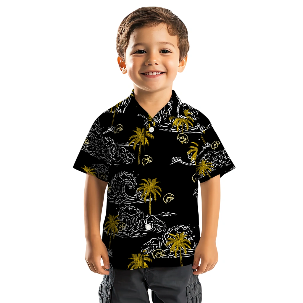 Iowa Hawkeyes Hawaiian Shirt - Wave Palm iowa hawkeyes wave palm black hawaiian shirts top rated