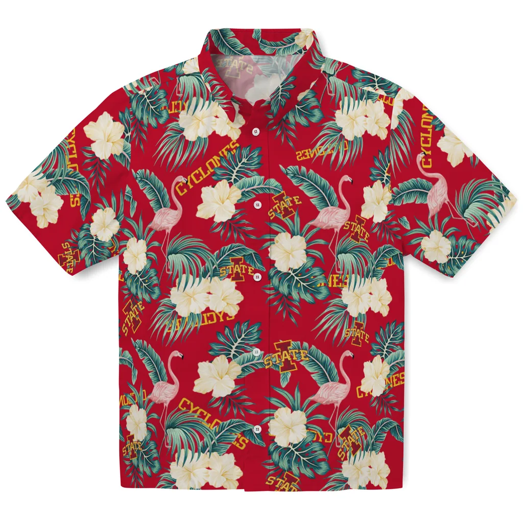 Iowa State Cyclones Hawaiian Shirt - Flamingo and Hibiscus iowa state cyclones flamingo palms red hawaiian shirts best selling