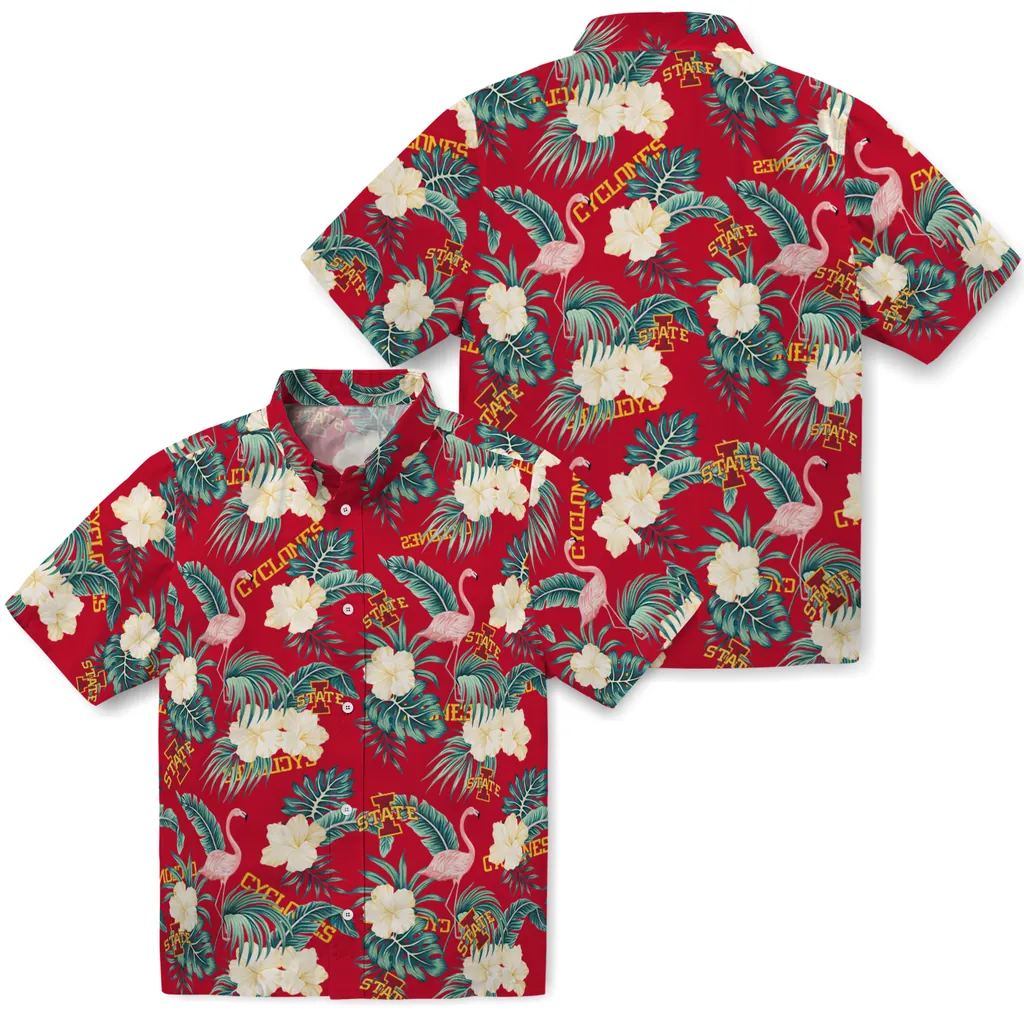 Iowa State Cyclones Hawaiian Shirt - Flamingo and Hibiscus iowa state cyclones flamingo palms red hawaiian shirts high quality