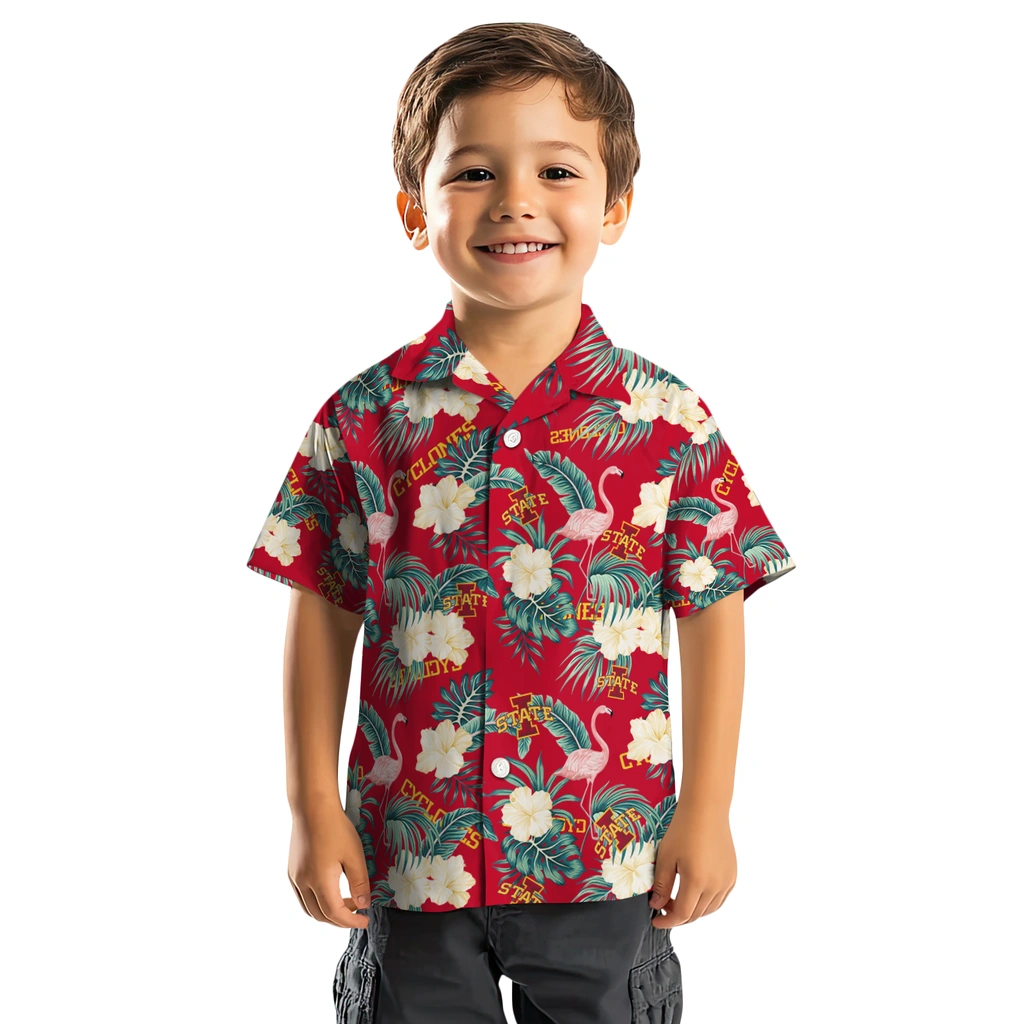 Iowa State Cyclones Hawaiian Shirt - Flamingo and Hibiscus iowa state cyclones flamingo palms red hawaiian shirts top rated
