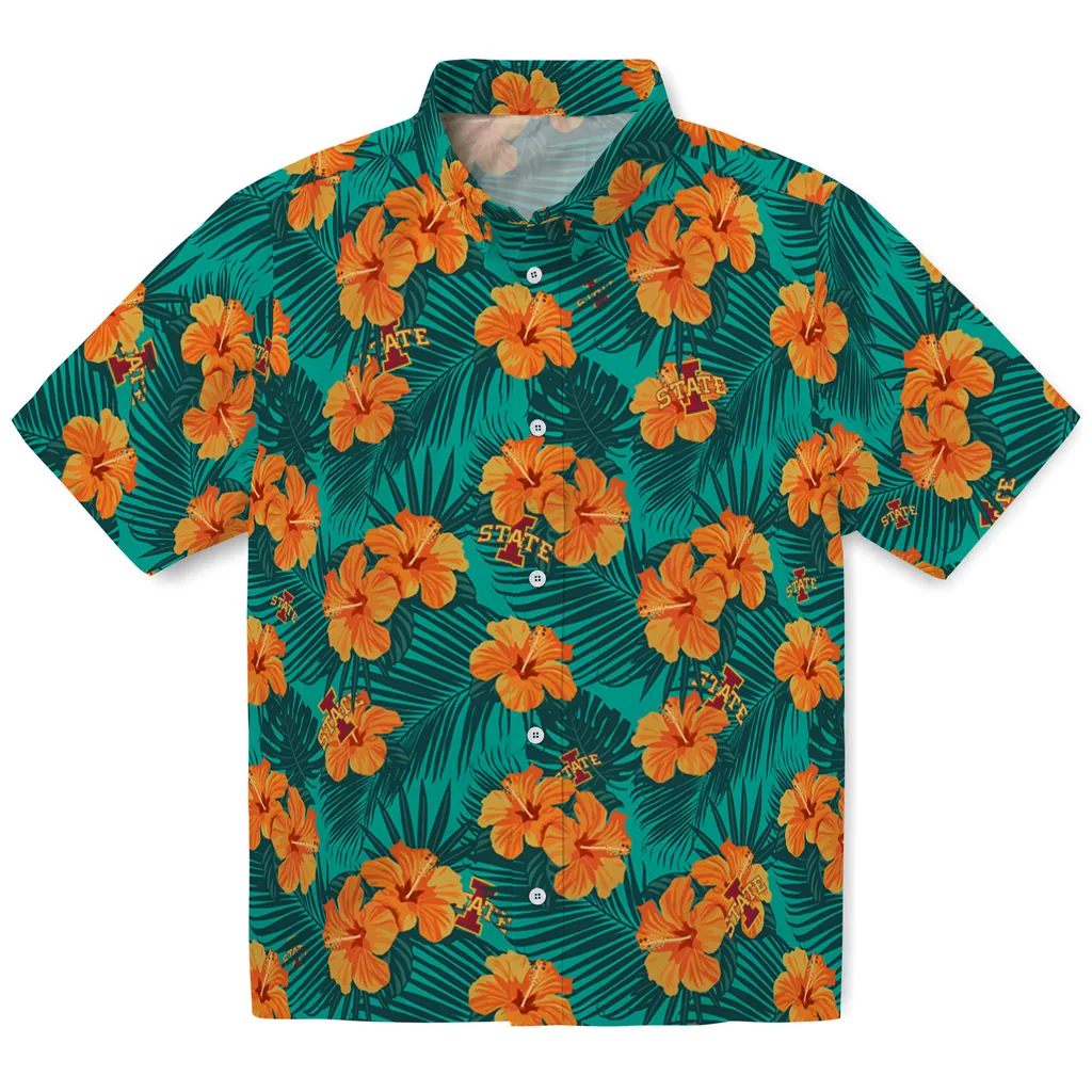Iowa State Cyclones Hawaiian Shirt - Hibiscus and Palm Leaves iowa state cyclones hibiscus escape green hawaiian shirts best selling
