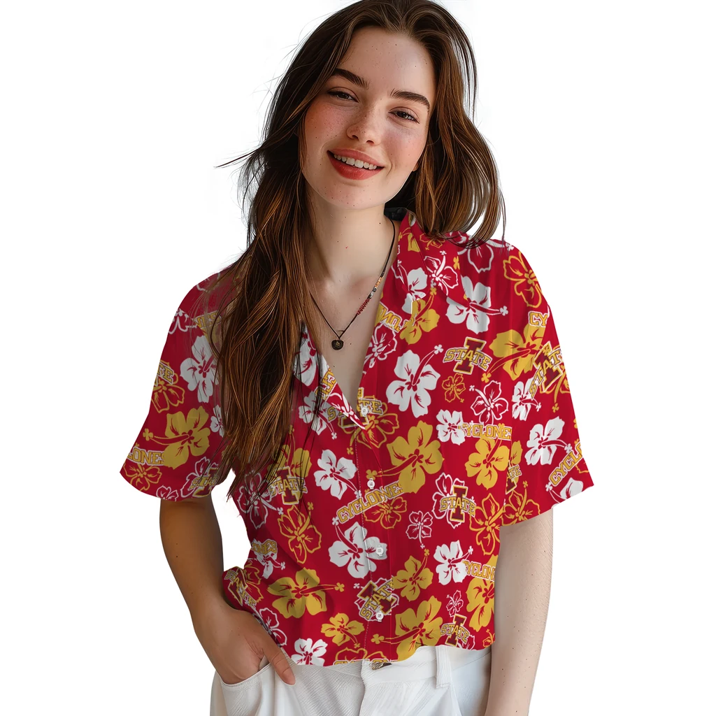 Iowa State Cyclones Hawaiian Shirt - Hibiscus Flower Design iowa state cyclones hibiscus bloom red hawaiian shirts latest model