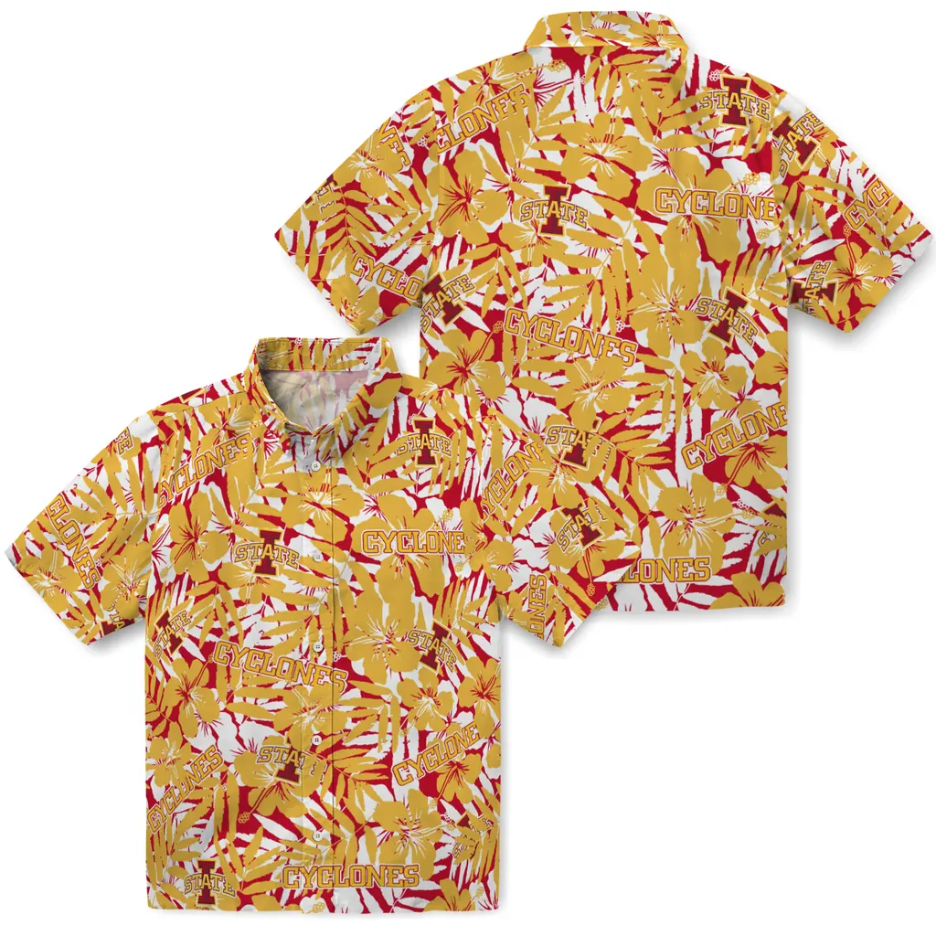 Iowa State Cyclones Hawaiian Shirt - Hibiscus Overlay iowa state cyclones hibiscus overlay hawaiian shirts high quality