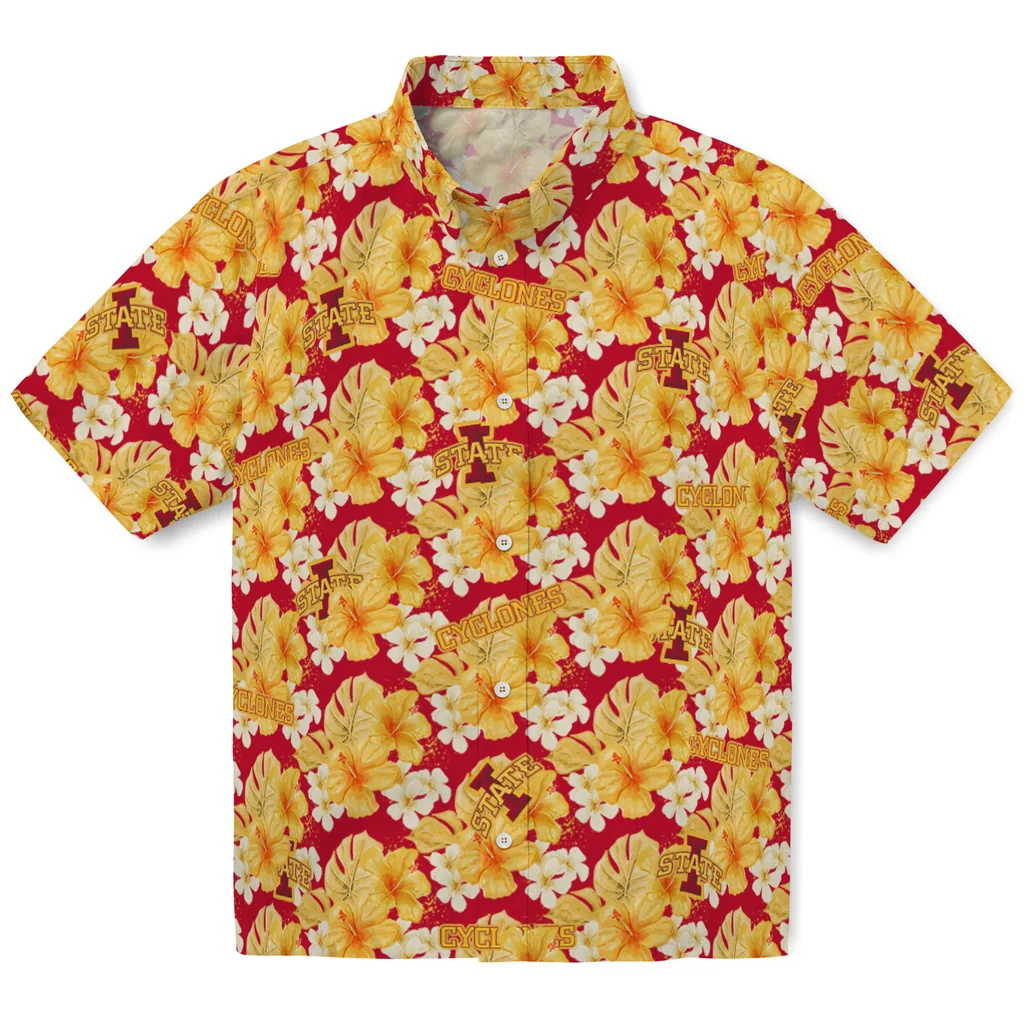 Iowa State Cyclones Hawaiian Shirt - Hibiscus Tropics iowa state cyclones hibiscus tropics red yellow hawaiian shirts best selling