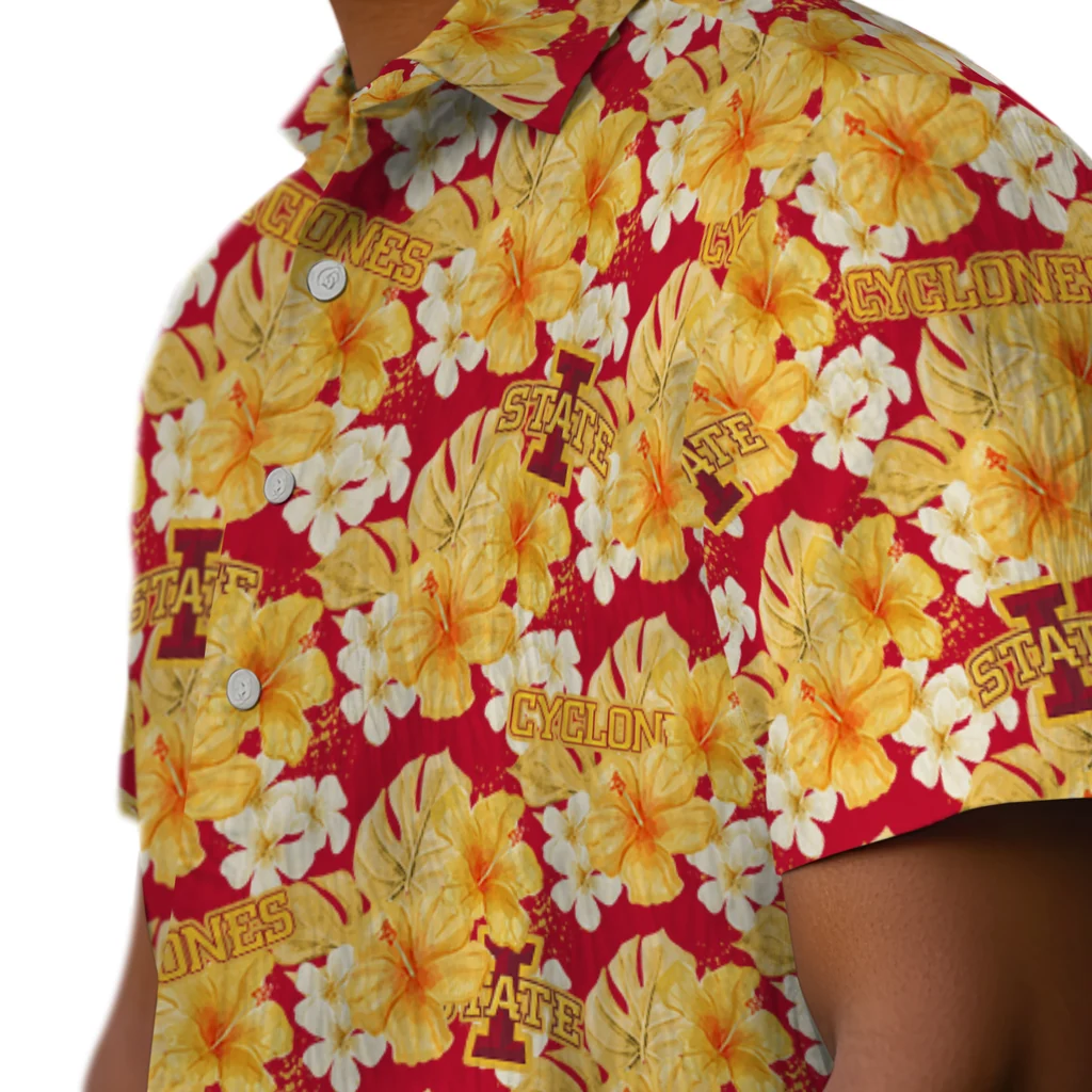 Iowa State Cyclones Hawaiian Shirt - Hibiscus Tropics iowa state cyclones hibiscus tropics red yellow hawaiian shirts trendy