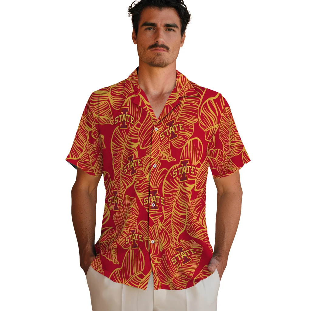 Iowa State Cyclones Hawaiian Shirt - Leaf Outline iowa state cyclones leaf outline red hawaiian shirts fashion forward