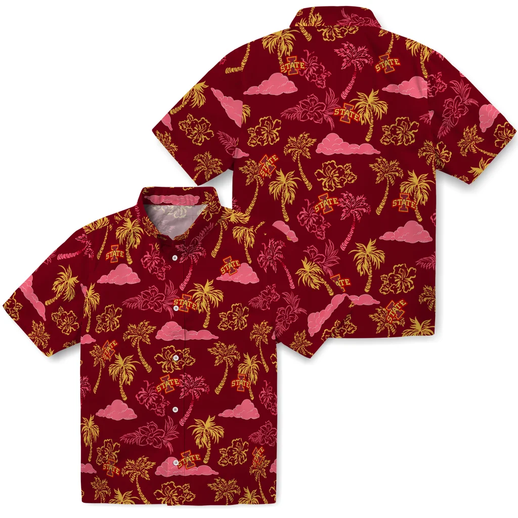Iowa State Cyclones Hawaiian Shirt - Palm And Clouds iowa state cyclones palm and clouds red hawaiian shirts high quality