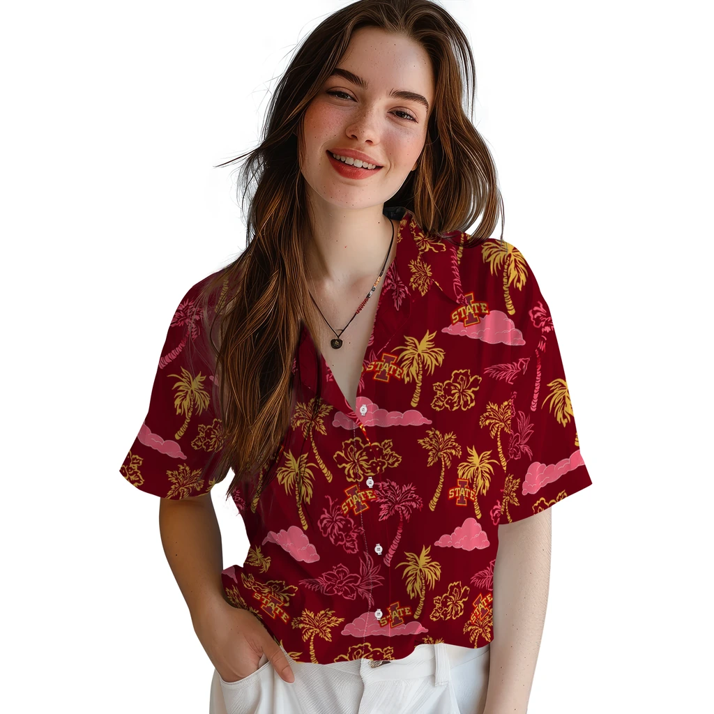 Iowa State Cyclones Hawaiian Shirt - Palm And Clouds iowa state cyclones palm and clouds red hawaiian shirts latest model