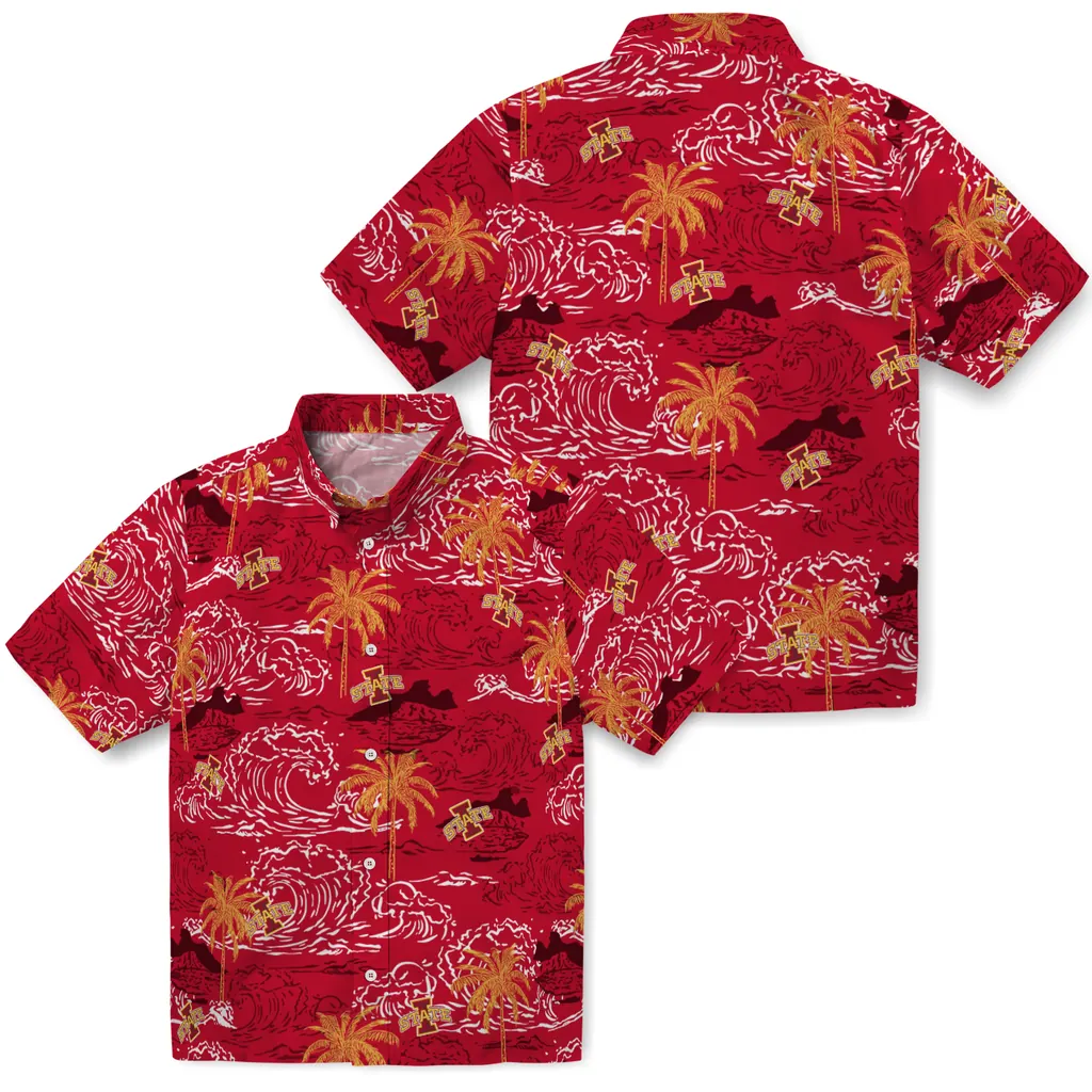 Iowa State Cyclones Hawaiian Shirt - Wave Palm iowa state cyclones wave palm red hawaiian shirts high quality