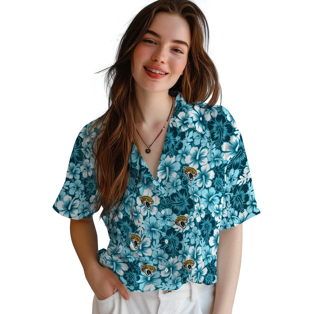 Jacksonville Jaguars Hawaiian Shirt - Hibiscus Blooms jacksonville jaguars hibiscus blooms teal hawaiian shirts latest model