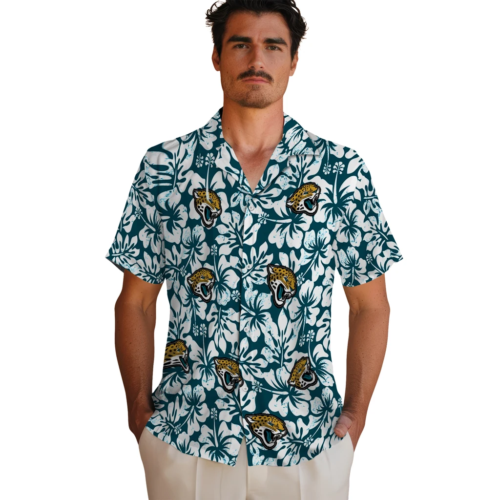 Jacksonville Jaguars Hawaiian Shirt - Hibiscus Motif jacksonville jaguars hibiscus motif teal white hawaiian shirts fashion forward