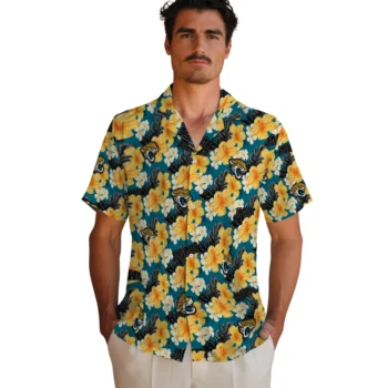 jacksonville jaguars hibiscus tropics teal yellow hawaiian shirts fashion forward