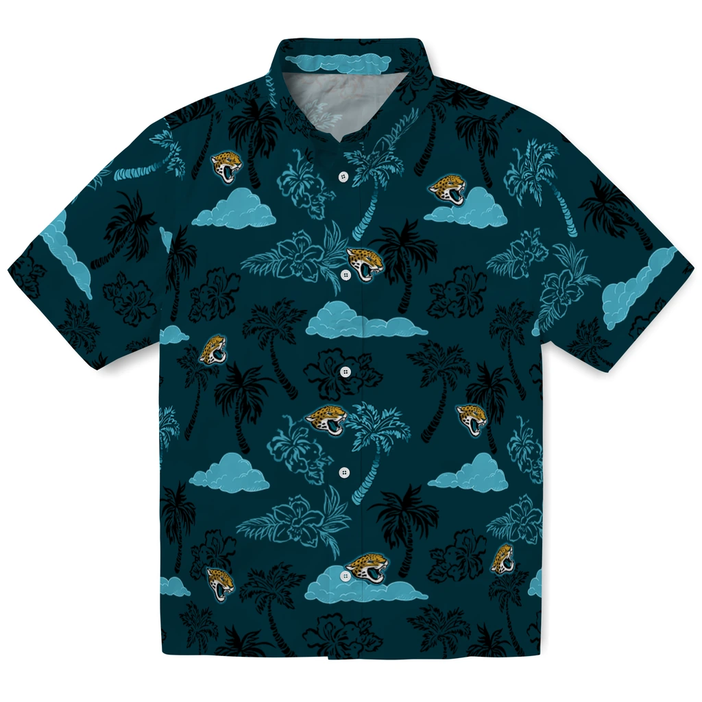 Jacksonville Jaguars Hawaiian Shirt - Palm And Clouds jacksonville jaguars palm and clouds teal hawaiian shirts best selling