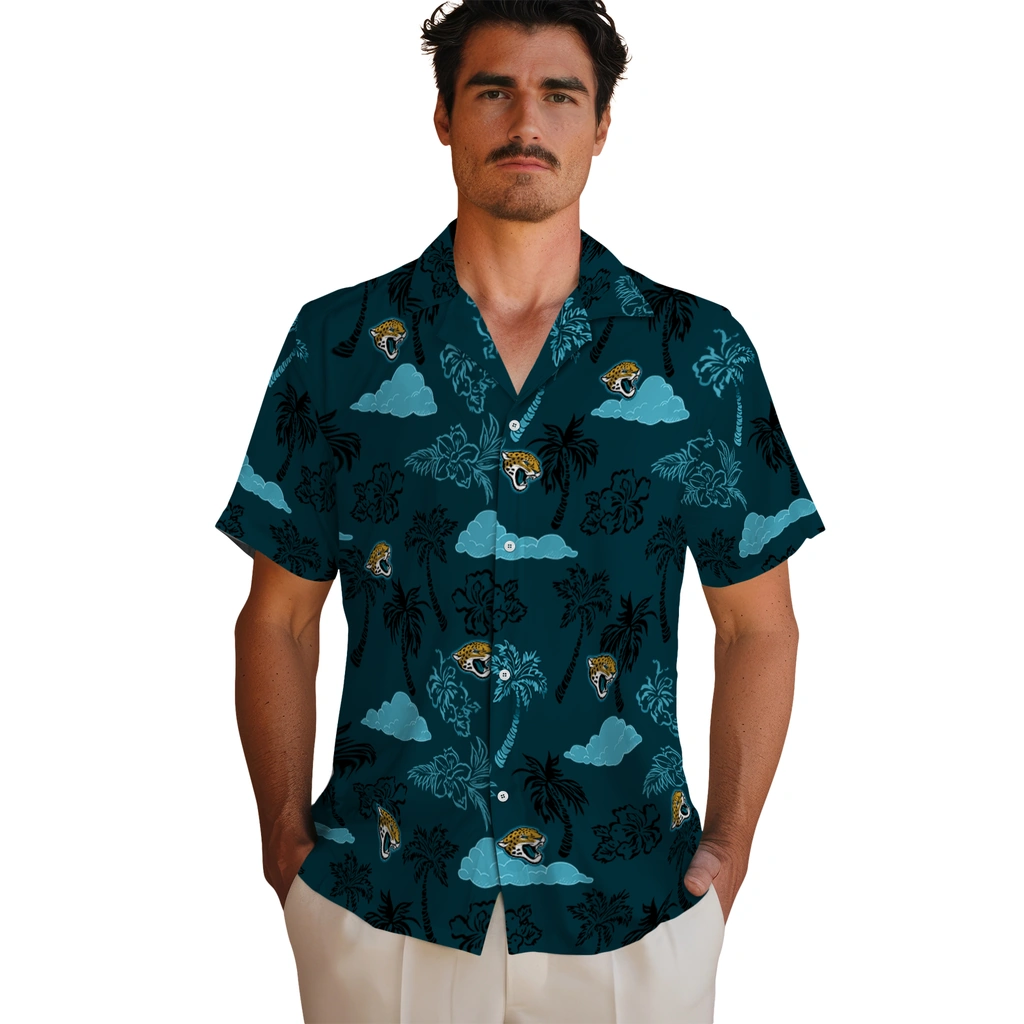 Jacksonville Jaguars Hawaiian Shirt - Palm And Clouds jacksonville jaguars palm and clouds teal hawaiian shirts fashion forward