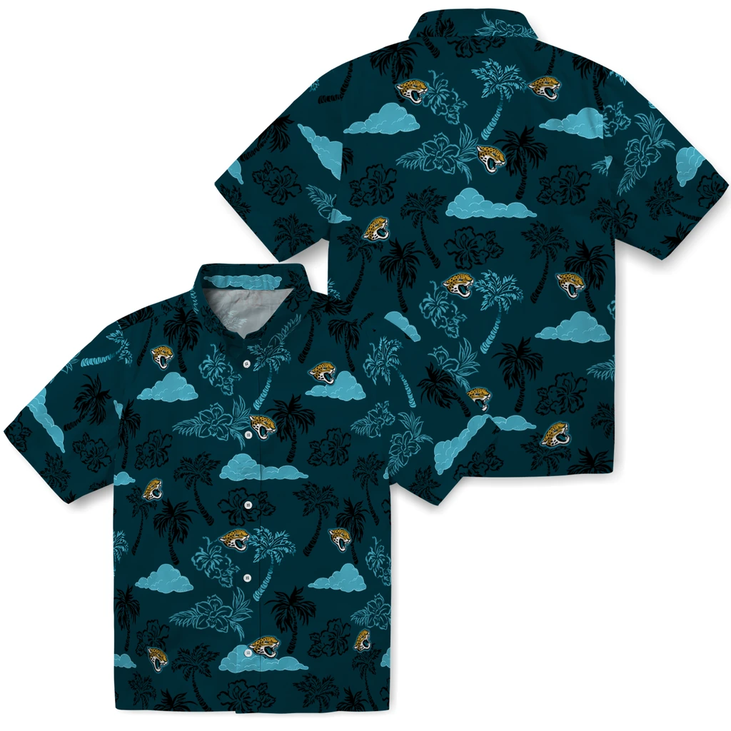 Jacksonville Jaguars Hawaiian Shirt - Palm And Clouds jacksonville jaguars palm and clouds teal hawaiian shirts high quality