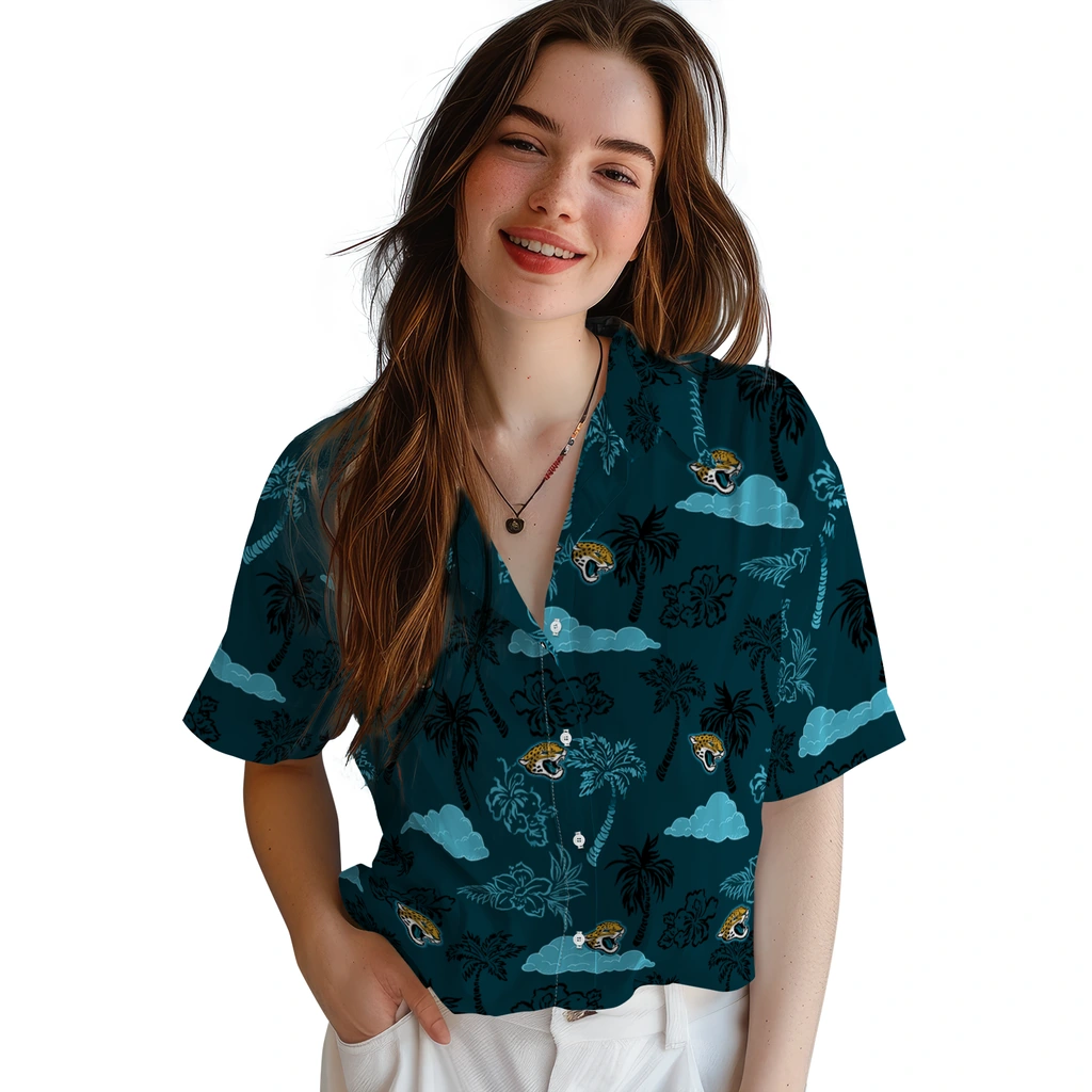 Jacksonville Jaguars Hawaiian Shirt - Palm And Clouds jacksonville jaguars palm and clouds teal hawaiian shirts latest model