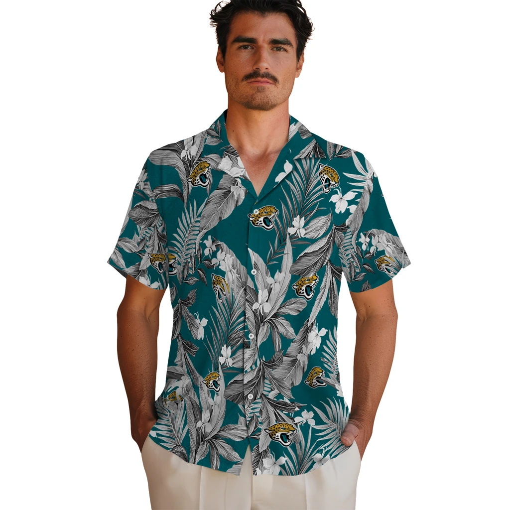 Jacksonville Jaguars Hawaiian Shirt - Palm Leaves jacksonville jaguars palm leaves teal hawaiian shirts fashion forward