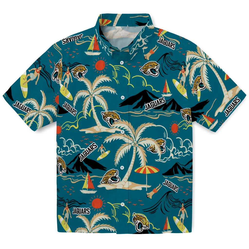 Jacksonville Jaguars Hawaiian Shirt - Palm Tree Island jacksonville jaguars palm tree island teal hawaiian shirts best selling