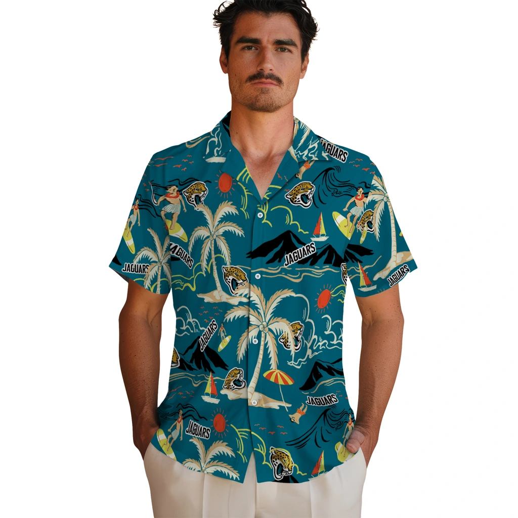 Jacksonville Jaguars Hawaiian Shirt - Palm Tree Island jacksonville jaguars palm tree island teal hawaiian shirts fashion forward