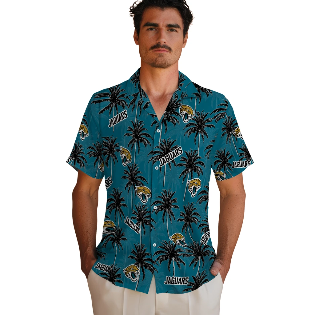 Jacksonville Jaguars Hawaiian Shirt - Palm Tree Motif jacksonville jaguars palm grove teal hawaiian shirts fashion forward