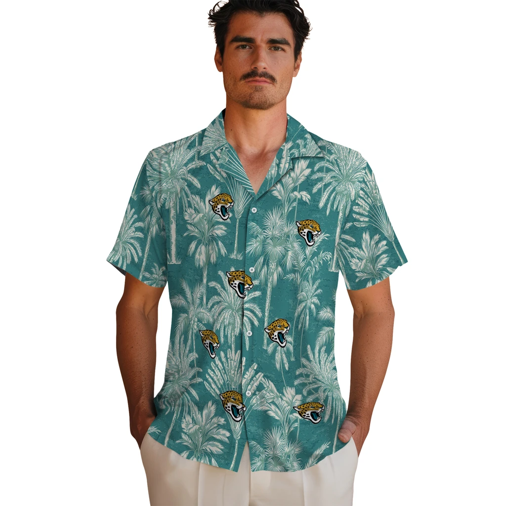 Jacksonville Jaguars Hawaiian Shirt - Vintage Palm Tree jacksonville jaguars palm shadows teal hawaiian shirts fashion forward