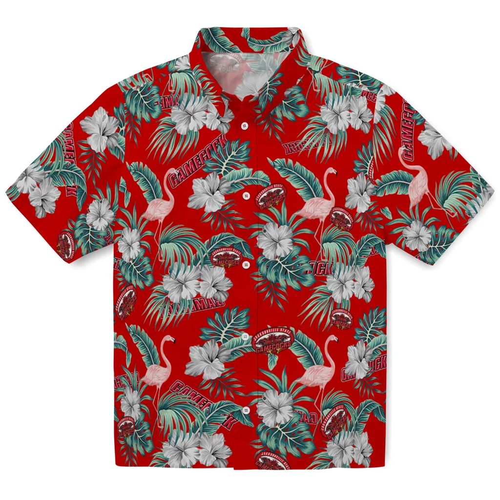 Jacksonville State Gamecocks Hawaiian Shirt - Flamingo and Hibiscus jacksonville state gamecocks flamingo palms red hawaiian shirts best selling