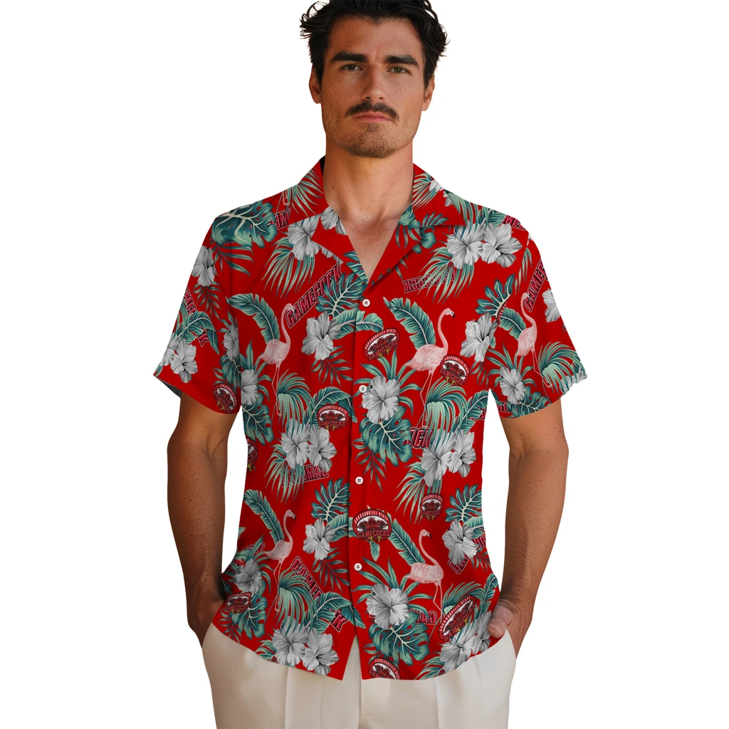 Jacksonville State Gamecocks Hawaiian Shirt - Flamingo and Hibiscus jacksonville state gamecocks flamingo palms red hawaiian shirts fashion forward