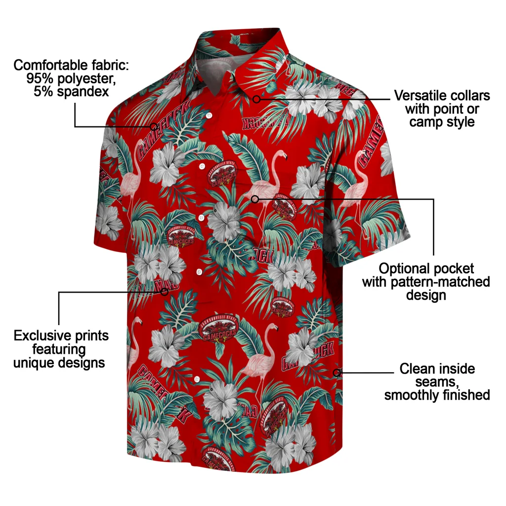 Jacksonville State Gamecocks Hawaiian Shirt - Flamingo and Hibiscus jacksonville state gamecocks flamingo palms red hawaiian shirts new arrival