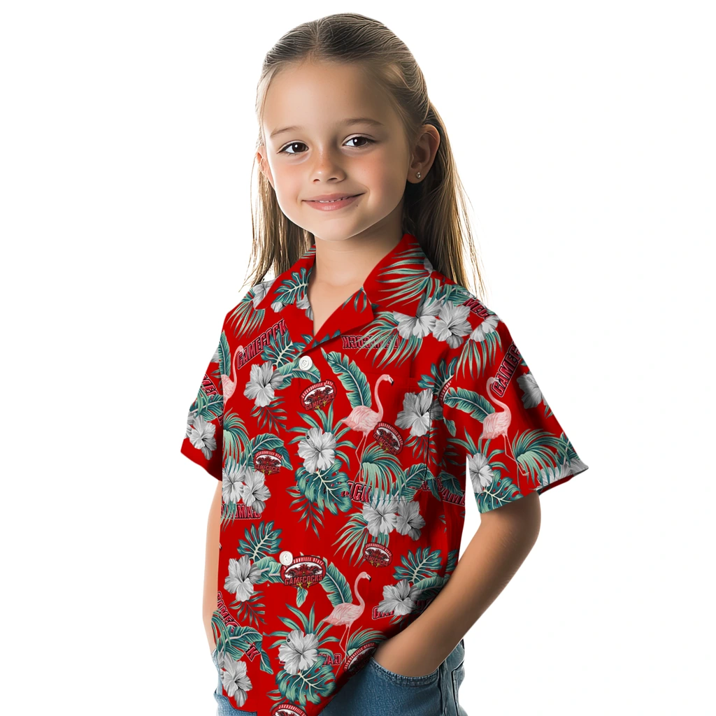 Jacksonville State Gamecocks Hawaiian Shirt - Flamingo and Hibiscus jacksonville state gamecocks flamingo palms red hawaiian shirts premium grade