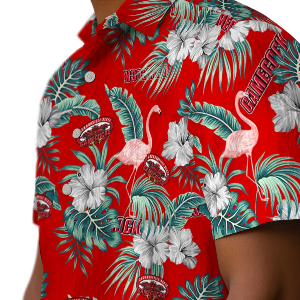 Jacksonville State Gamecocks Hawaiian Shirt - Flamingo and Hibiscus jacksonville state gamecocks flamingo palms red hawaiian shirts trendy