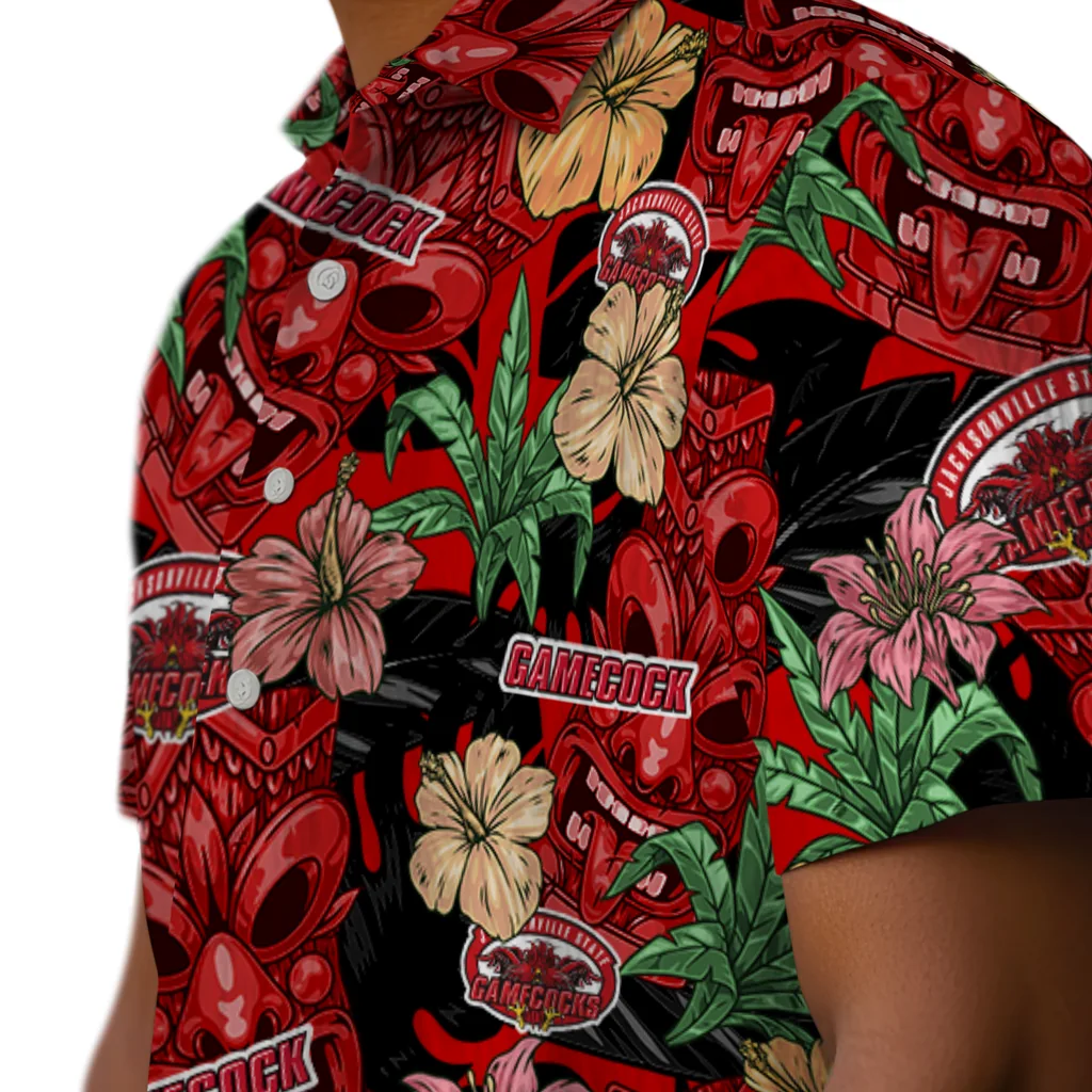 Jacksonville State Gamecocks Hawaiian Shirt - Hibiscus Tiki Jungle jacksonville state gamecocks tiki jungle red hawaiian shirts trendy