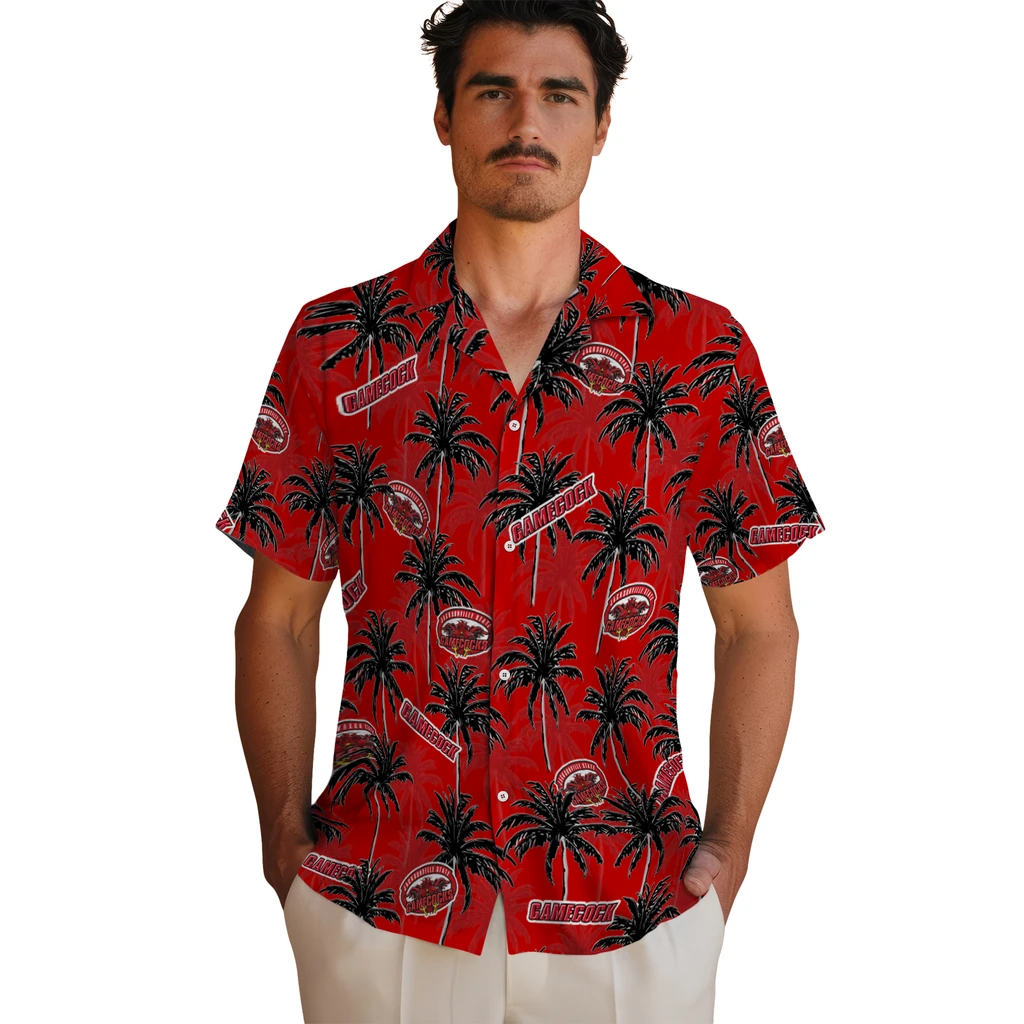 Jacksonville State Gamecocks Hawaiian Shirt - Palm Tree Motif jacksonville state gamecocks palm grove red hawaiian shirts fashion forward