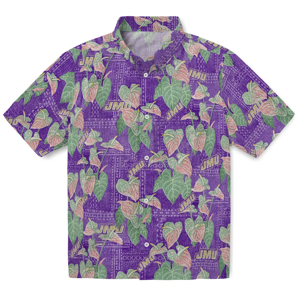 James Madison Dukes Hawaiian Shirt - Anthurium Overlay james madison dukes anthurium overlay purple hawaiian shirts best selling