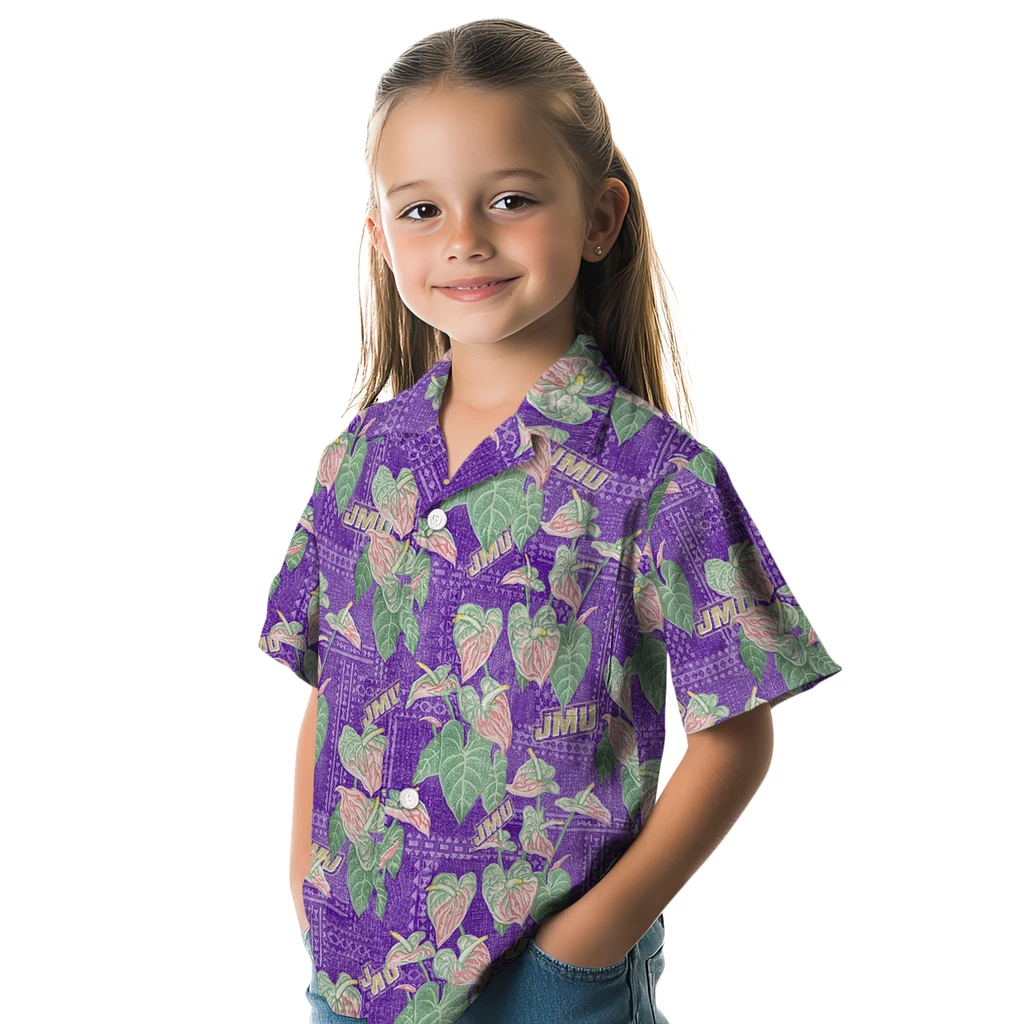 James Madison Dukes Hawaiian Shirt - Anthurium Overlay james madison dukes anthurium overlay purple hawaiian shirts premium grade