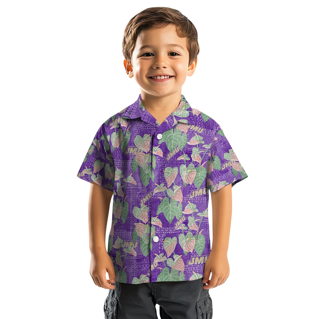 James Madison Dukes Hawaiian Shirt - Anthurium Overlay james madison dukes anthurium overlay purple hawaiian shirts top rated