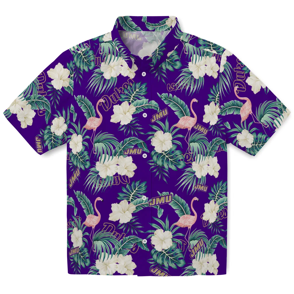 James Madison Dukes Hawaiian Shirt - Flamingo and Hibiscus james madison dukes flamingo palms purple hawaiian shirts best selling