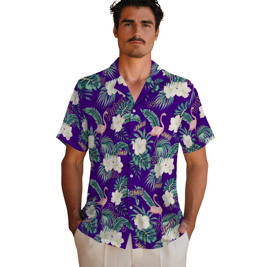 James Madison Dukes Hawaiian Shirt - Flamingo and Hibiscus james madison dukes flamingo palms purple hawaiian shirts fashion forward