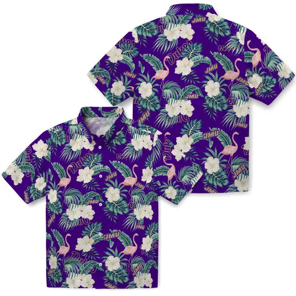 James Madison Dukes Hawaiian Shirt - Flamingo and Hibiscus james madison dukes flamingo palms purple hawaiian shirts high quality