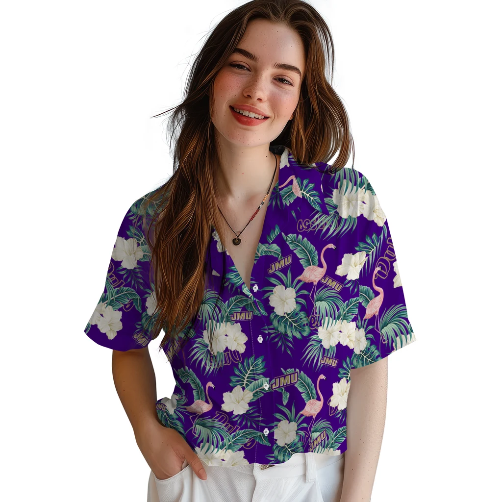 James Madison Dukes Hawaiian Shirt - Flamingo and Hibiscus james madison dukes flamingo palms purple hawaiian shirts latest model