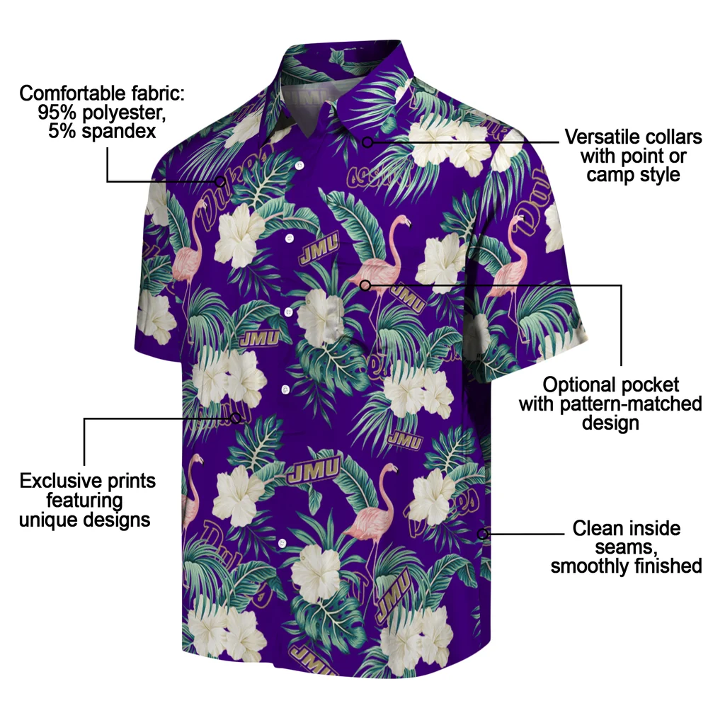 James Madison Dukes Hawaiian Shirt - Flamingo and Hibiscus james madison dukes flamingo palms purple hawaiian shirts new arrival