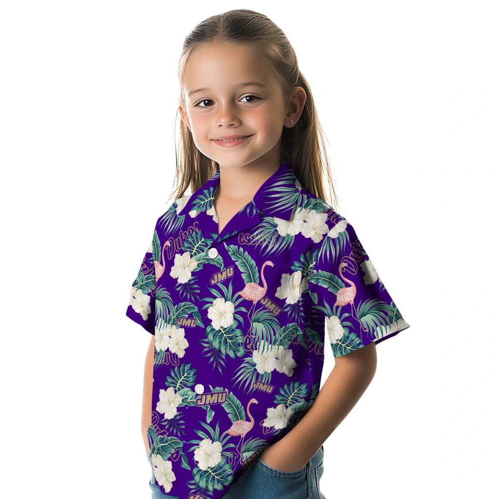 James Madison Dukes Hawaiian Shirt - Flamingo and Hibiscus james madison dukes flamingo palms purple hawaiian shirts premium grade
