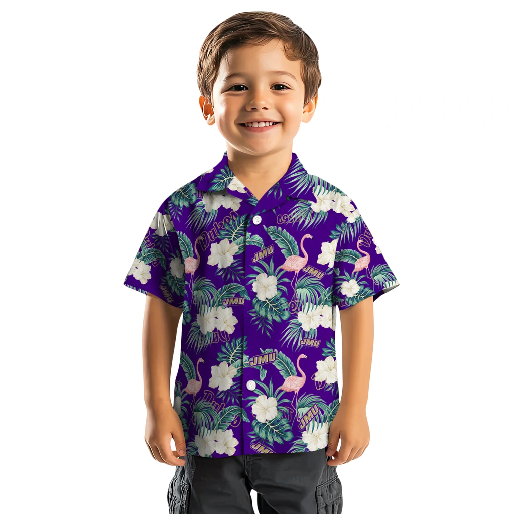 James Madison Dukes Hawaiian Shirt - Flamingo and Hibiscus james madison dukes flamingo palms purple hawaiian shirts top rated
