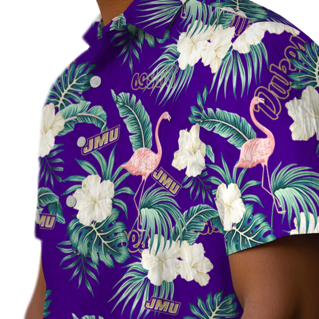 James Madison Dukes Hawaiian Shirt - Flamingo and Hibiscus james madison dukes flamingo palms purple hawaiian shirts trendy