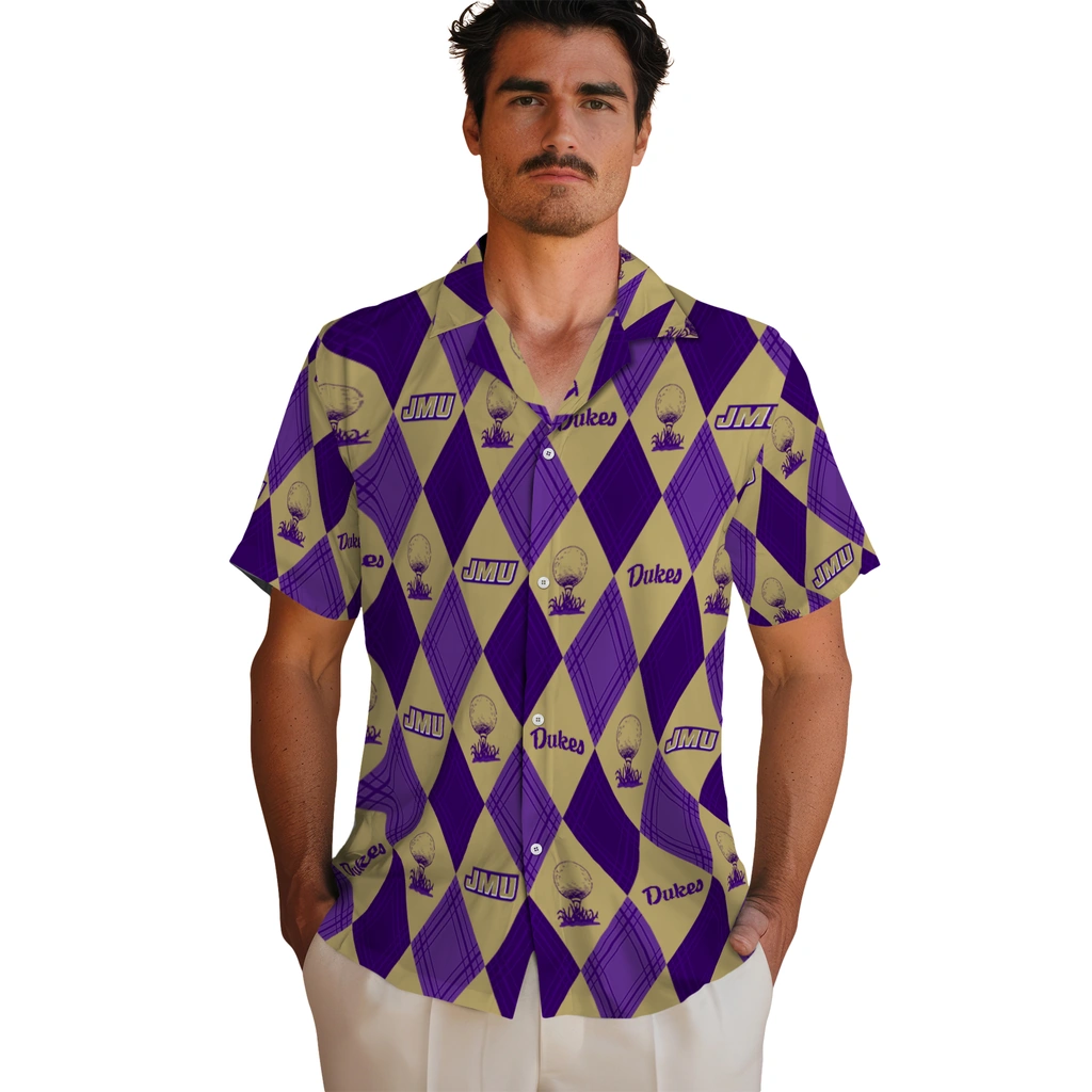 James Madison Dukes Hawaiian Shirt - Golfing Plaid james madison dukes balloon plaid purple hawaiian shirts fashion forward