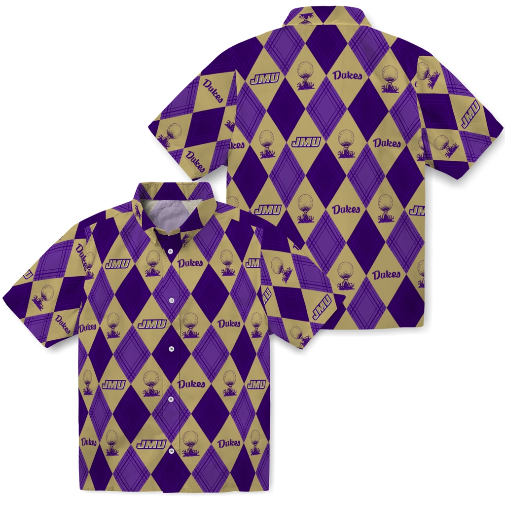 James Madison Dukes Hawaiian Shirt - Golfing Plaid james madison dukes balloon plaid purple hawaiian shirts high quality