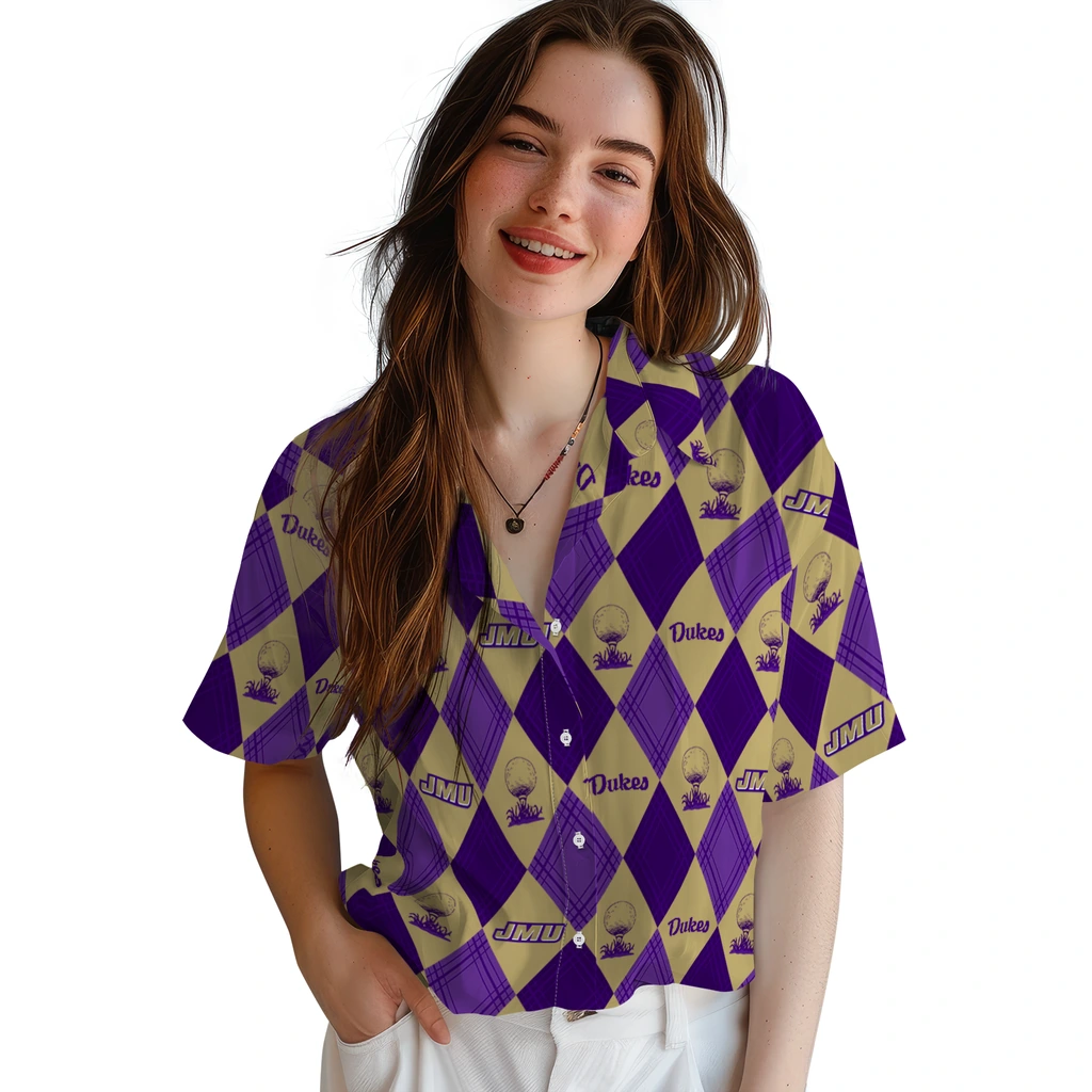 James Madison Dukes Hawaiian Shirt - Golfing Plaid james madison dukes balloon plaid purple hawaiian shirts latest model