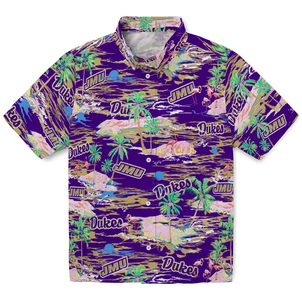 James Madison Dukes Hawaiian Shirt - Hawaii Island james madison dukes flamingo retreat purple hawaiian shirts best selling