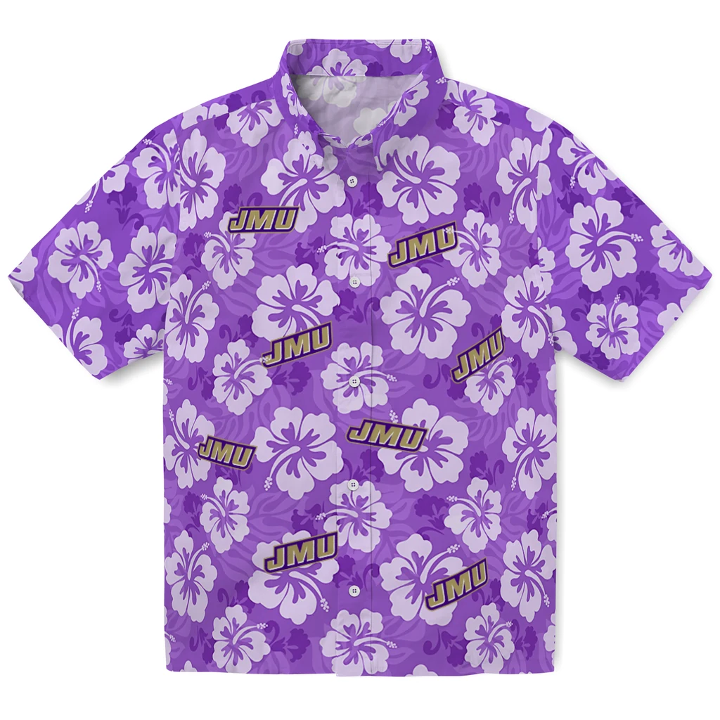 James Madison Dukes Hawaiian Shirt - Hibiscus Cluster james madison dukes hibiscus cluster purple hawaiian shirts best selling