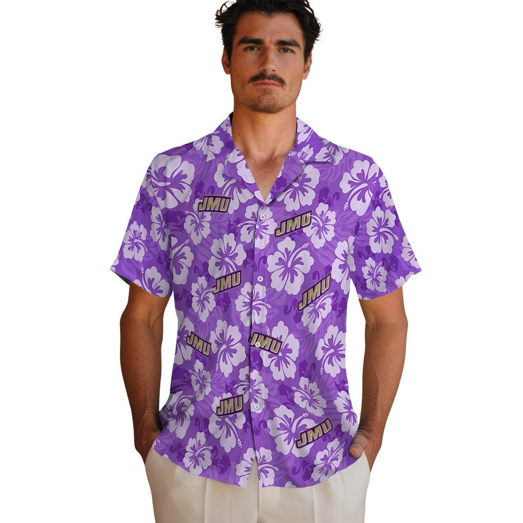James Madison Dukes Hawaiian Shirt - Hibiscus Cluster james madison dukes hibiscus cluster purple hawaiian shirts fashion forward