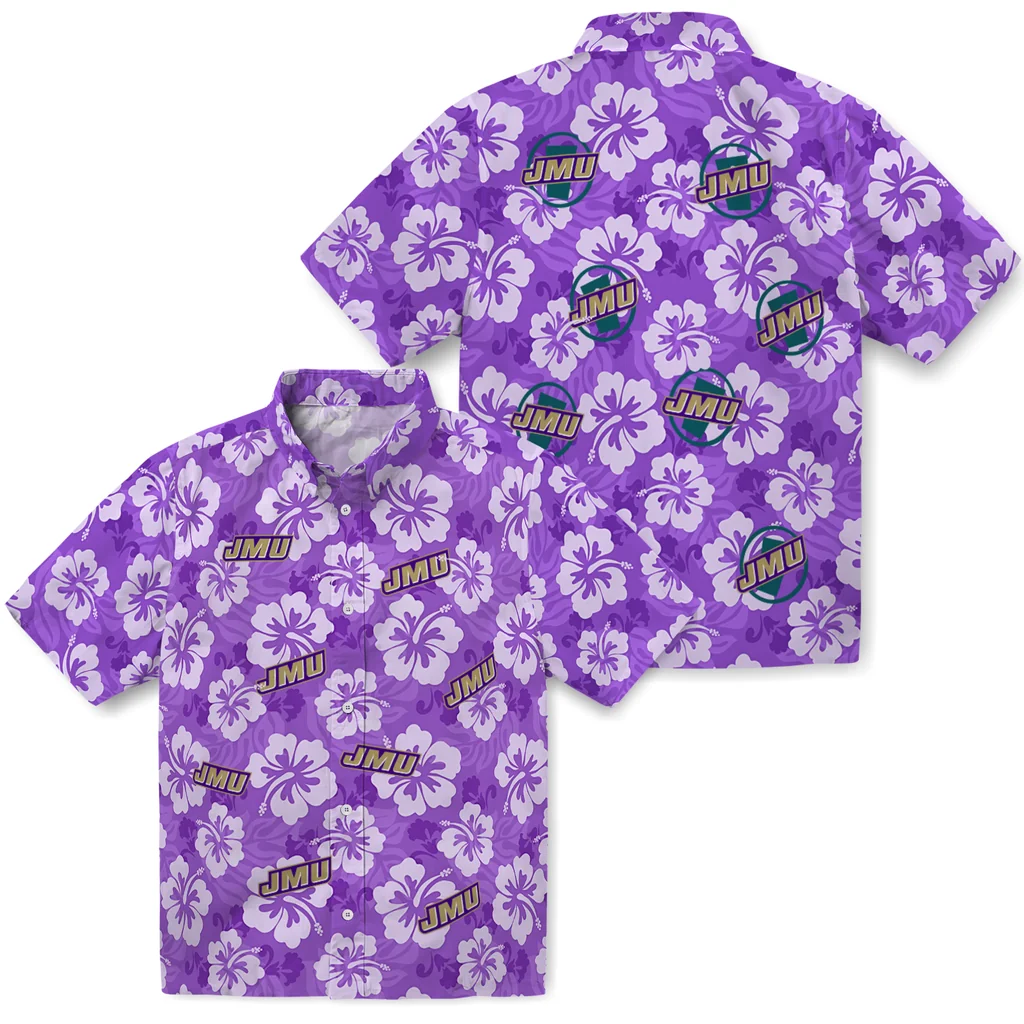 James Madison Dukes Hawaiian Shirt - Hibiscus Cluster james madison dukes hibiscus cluster purple hawaiian shirts high quality